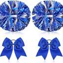 4 Pcs Cheerleading Pom Poms with Baton Handle and Cheerleader Hair Bows, 14 Inch Metallic Cheer Supplies for School Team Spirit Sports Dance Cheering (Blue)
