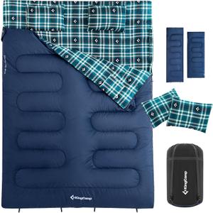 KingCamp Double Sleeping Bag for Adults, Queen Size 2 Person XXL Flannel Sleeping Bag, Waterproof Lightweight Flannel Quilt with 2 Pillows, Perfect for Couples Family Camping Hiking (Envelope-Navy)
