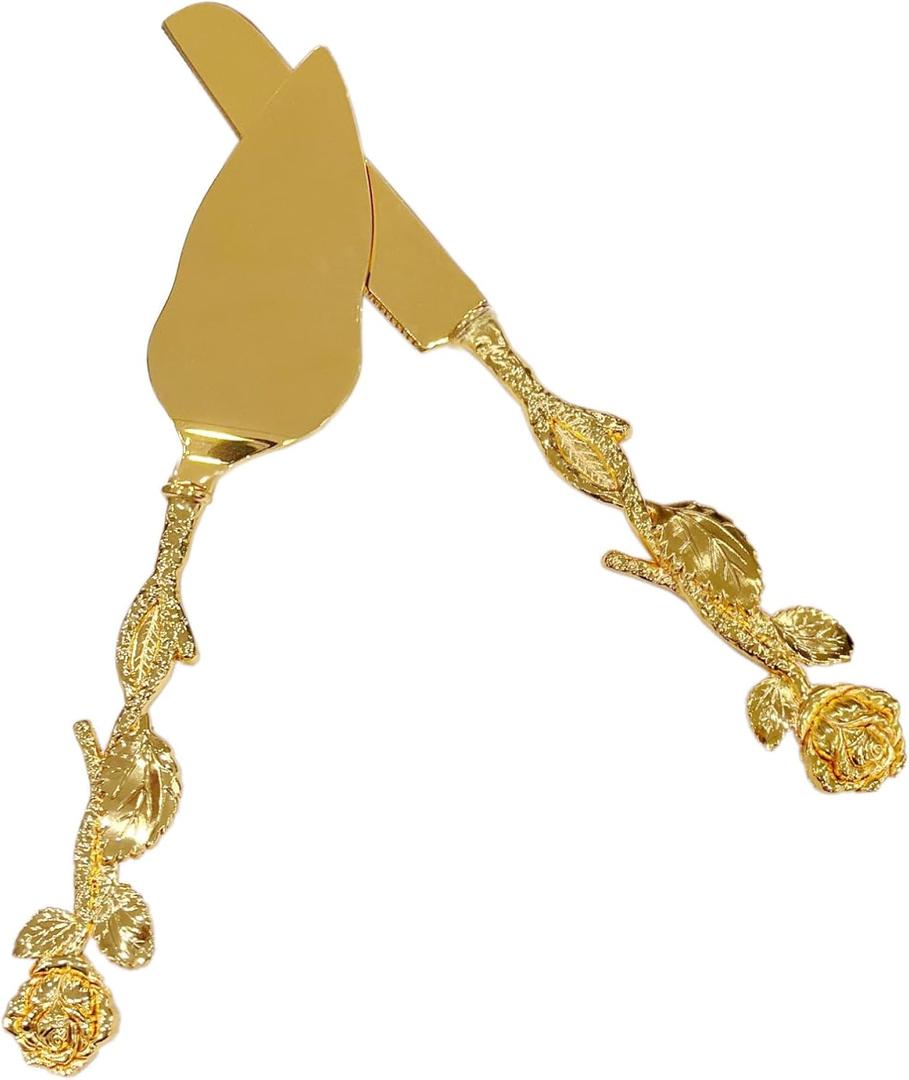 TANG SONG Rose Handle Vintage Stainless Steel Wedding Cake Knife and Serving Set (Golden)