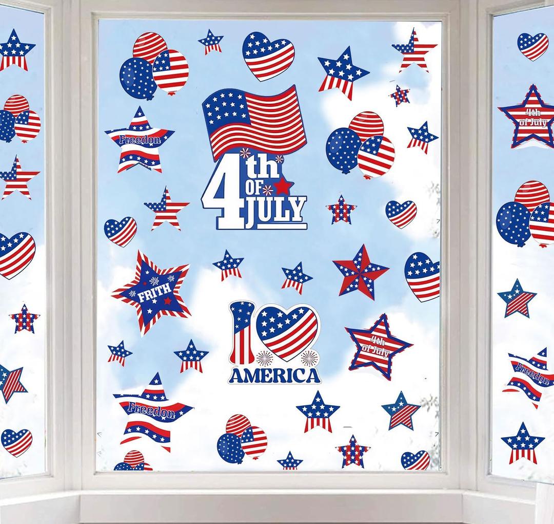 4 x 9 Sheets 4th of July Window Clings, Patriotic Independence Day Window Stickers Watercolor American Flag Stars Firework Reusable PVC Stickers for Glass Mirror Decoration Supplies