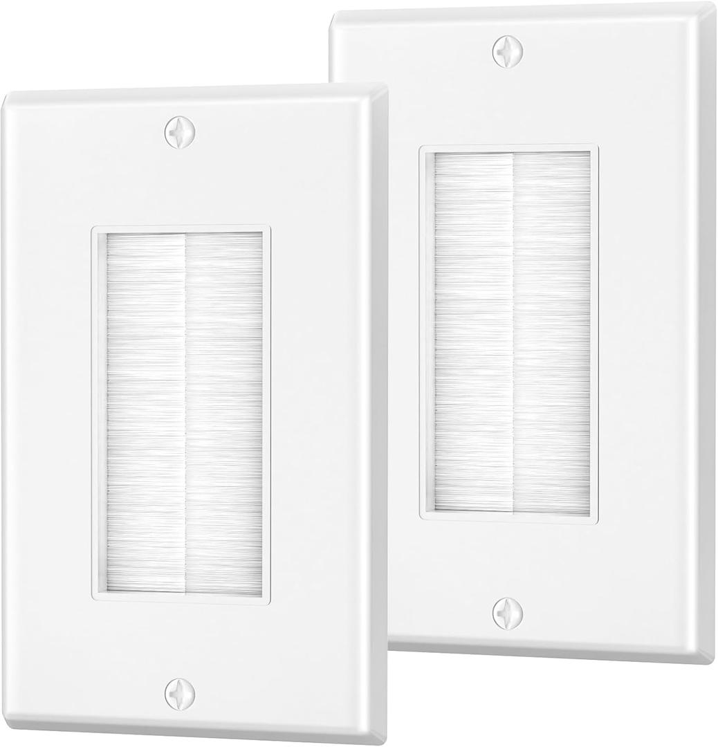 Brush Wall Plate, Single Gang Wall Plate Cable Pass Through for Low Voltage Wires, Cord Hider for Wall Mount TV, 2-Pack, White