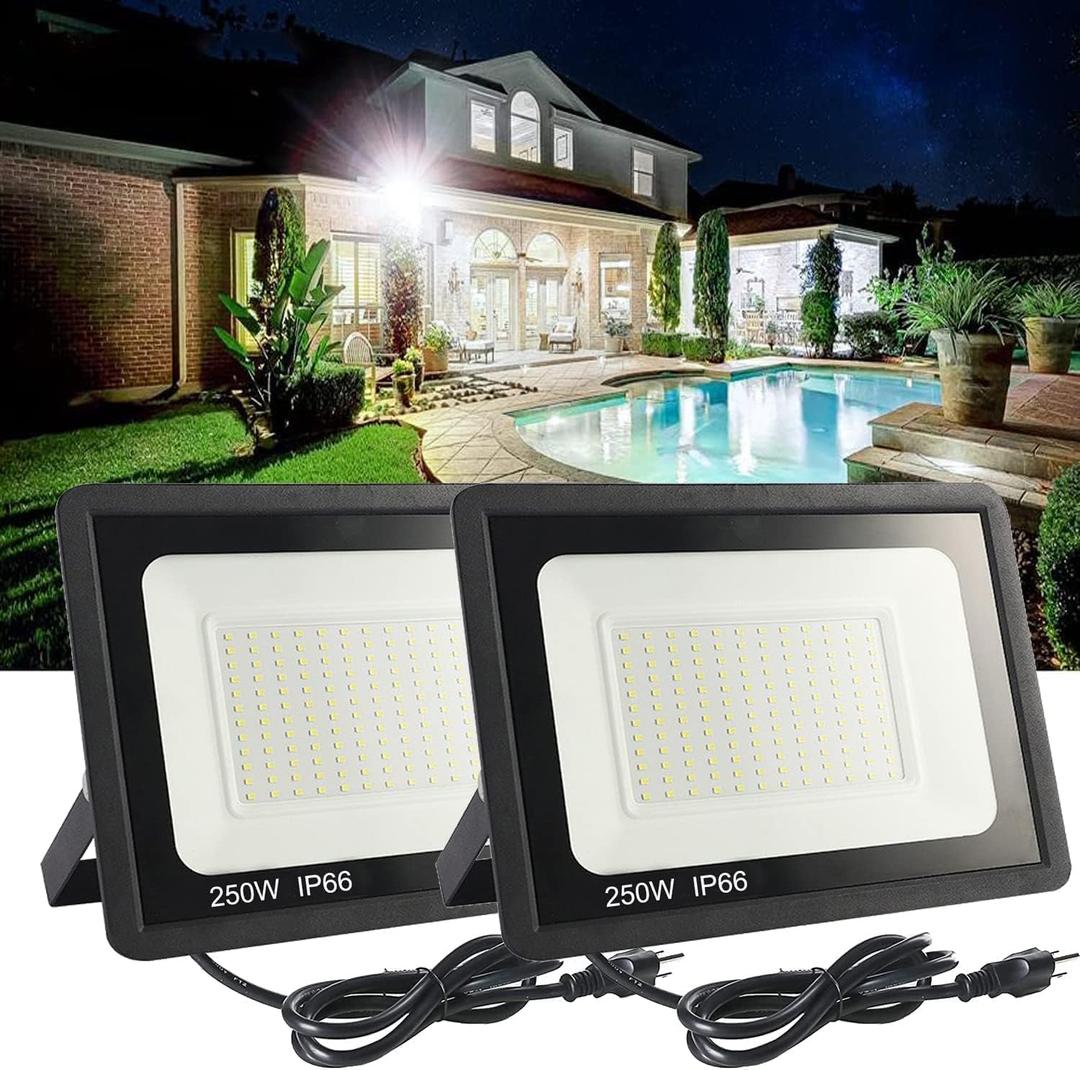 2Pack LED Flood Light Outdoor,250W Flood Light 26500lmwith 6FT US Plug,IP66 Waterproof Exterior Security Lights,6000K Daylight White Outside Floodlights Slim Design for Playground Yard