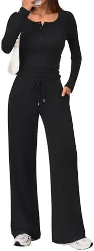 Trendy Queen Women's 2 Piece Matching Lounge Sets Fall Fashion Outfits Henley Neck Sweater Top Wide Leg Pants Sweat Suits M