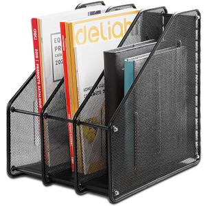 deli Mesh Magazine File Holder, Desk Organizer File Folder Document Rack for Office Organization and Storage, 3 Vertical Compartments, Black