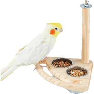Bird Perch, Parrot Platform Wood Stand with Feeding Bowl Cups Bird Toys Parrot Cage Accessories for Parakeet Lovebird Cockatiel Conure Budgie Small Animals