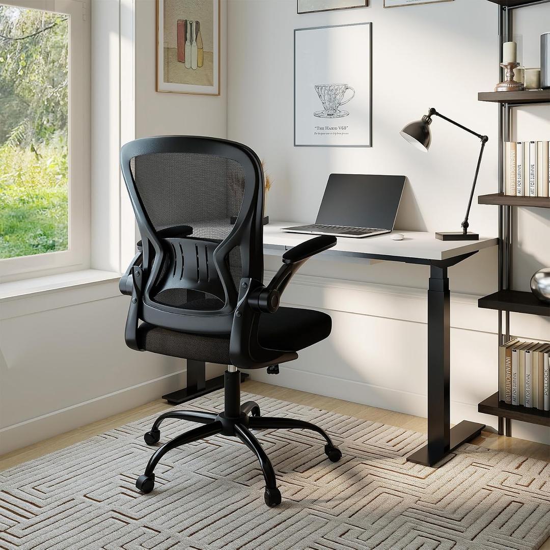 Youhauchair Mesh Office Chair, Ergonomic Home Office Desk Chairs with Flip-up Arms and Lumbar Support, Height Adjustable, Black