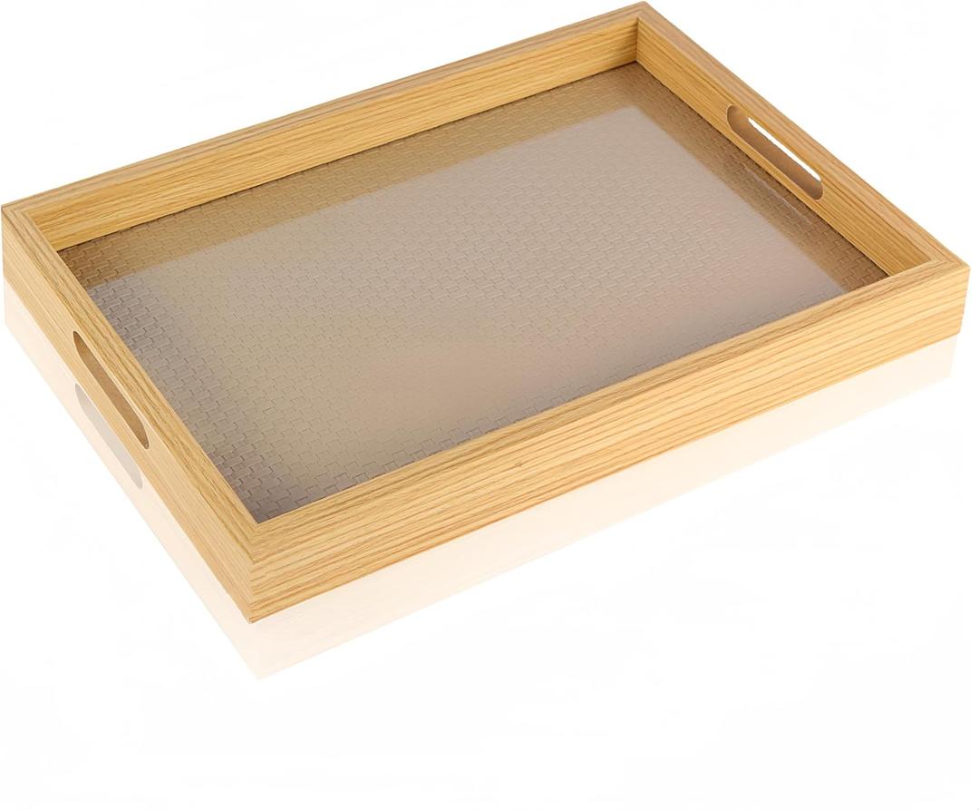 Rattan Rectangular Service Trays, Leather Surface Tray Food Drinks Tray,with Handles for Coffee Table, Breakfast, Dinner & Bar,Kitchen,Party15.311.51.8inch