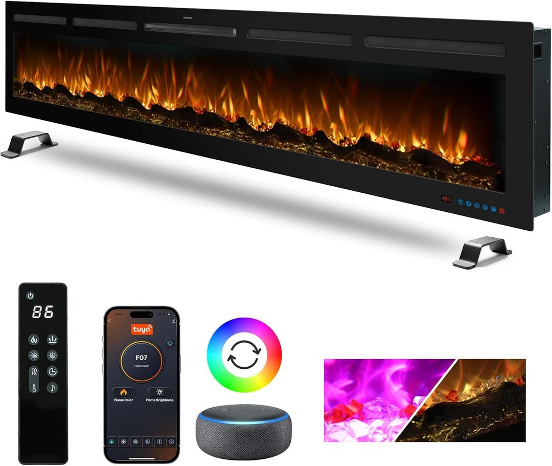 88" Infrared Smart Electric Fireplace Alexa/Google Compatible, Remote& App Control Multicolor Flame w/Dimmer, Wall-Mounted& Recessed WiFi Enabled Fireplace Heater w/Crackling Sound& Thermostat, 1500W