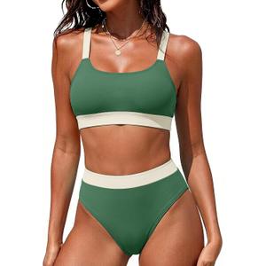 ZINPRETTY Women High Waisted Bikini Sets Color Block Swimsuits 2 Piece Bathing Suits Tummy Control Sporty Teens (Green, L)