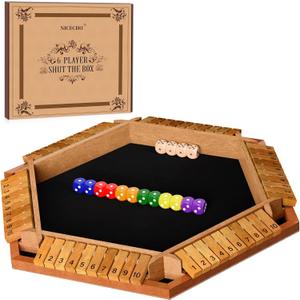 Nicecho 2-6 Players Shut The Box Dice Game, Wooden Board Table Math Game with 16 Dice, Classics Tabletop Games for Kids Adults, Family,Classroom,Home,Party or Pub (Brown)