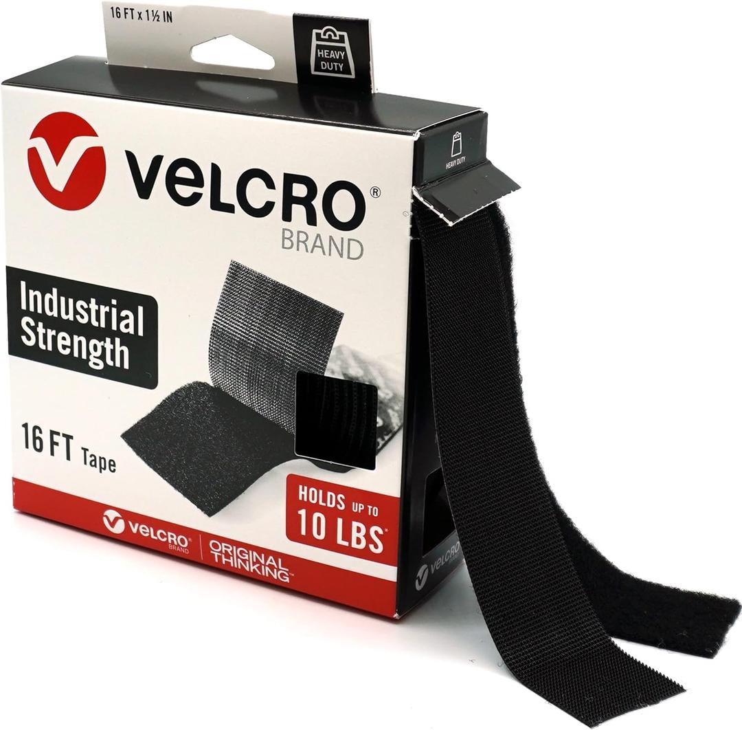 VELCRO Brand Heavy Duty Tape | 16 Foot Roll | Strong Sticky Back Adhesive Holds up to 10 lbs | Industrial Strength Fasteners for Indoor or Outdoor Use | 1-1/2in Width, Black (VEL-30838-USA)