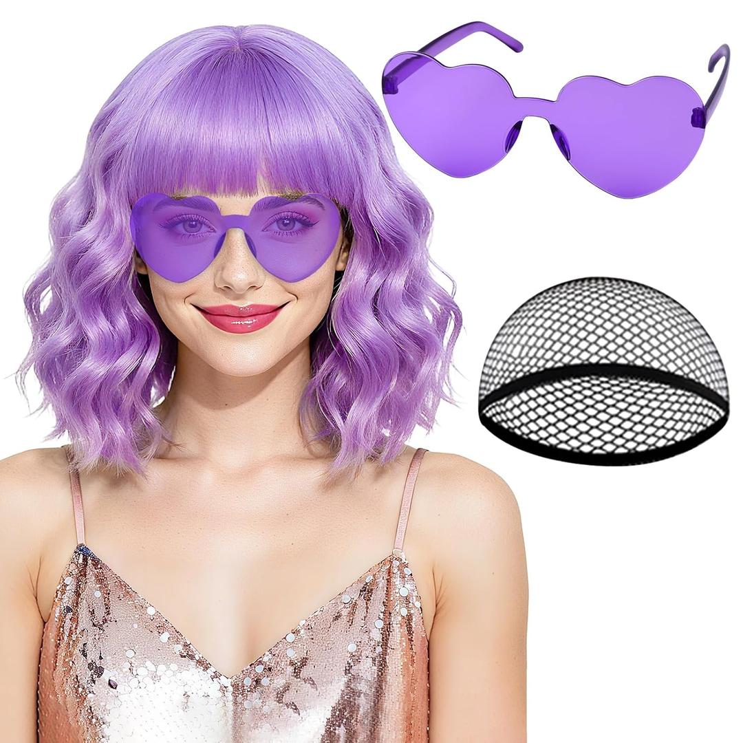 PLULON Light Purple Wavy Bob Wigs with Bangs Heart Sunglasses Hair Cap for Women, Colored Synthetic Hair Short Bob Loose Curly Shoulder Length Wigs for Costume Bachelorette Party Music Festival
