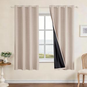 CYCMACO Faux Linen 100% Blackout Curtains for Bedroom, Room Darkening Curtains 84 Inches Long, Black Lined Long Curtain Grommets Drapes, Thermal Curtains for Living Room (2 Panels, Light Coffee)