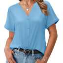 Uhiger V-Neck Summer Tops for Women Light Blue Shirts Fitted Button Down Blouses Dressy Casual Short Sleeve Leisure Cruise Clothes with Rolled Cuffs (Blue, S)