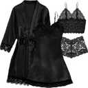 Hellomamma Women's Silk Pajama Set: 4-Piece Satin Robe Lingerie Sexy Sleepwear Lounge Set for Brida Wife Girlfriend (Black, XXL)
