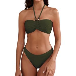 ZAFUL Women's Halter Bandeau Bikini Beaded Tie Back String Bikini Set Push Up Two Piece Swimsuit Bathing Suits (1-olive Green), Medium