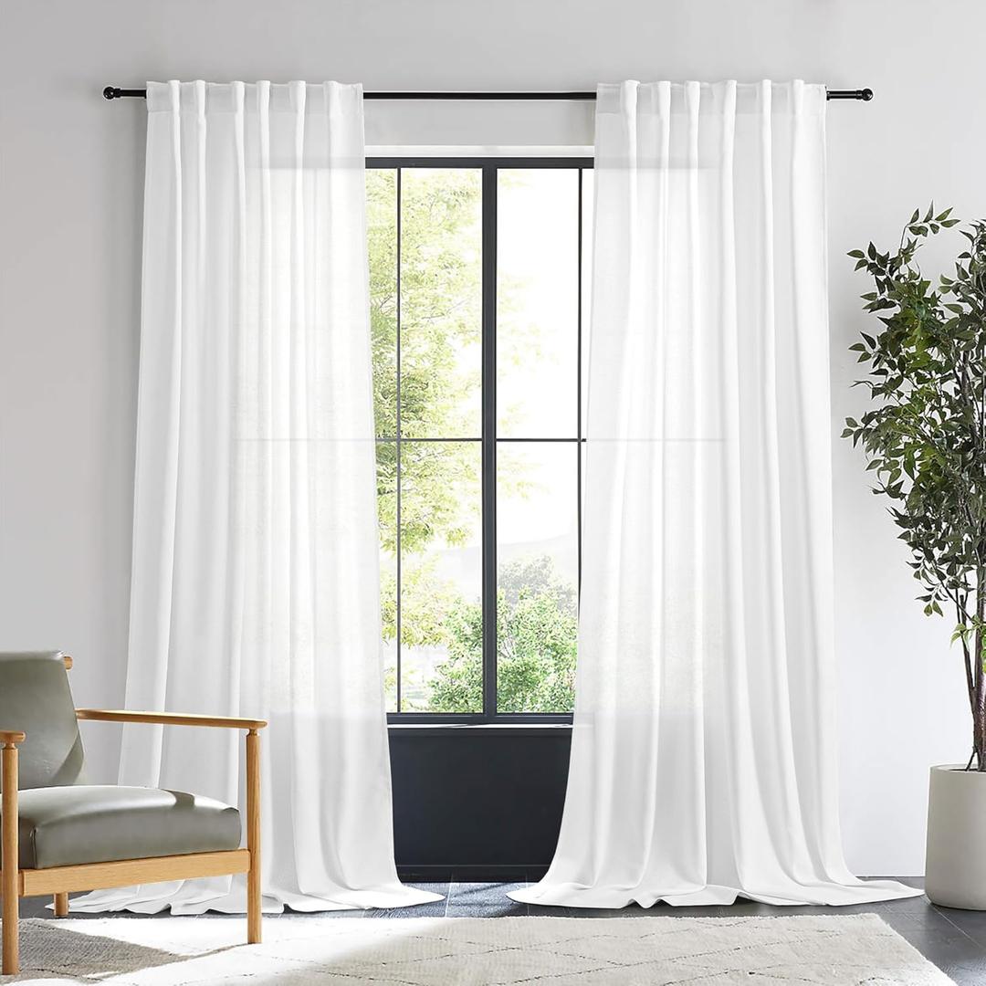 100 Inch Length Curtains 2 Panels Set Back Tab Pocket Light Filtering Linen Semi Sheer Curtains Panels Extra Long Window Curtain Drapes for Living Room Bedroom,50x100 in Long, White