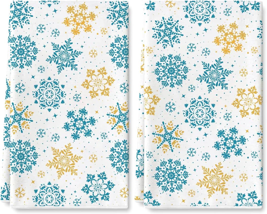 2 x AnyDesign Winter Kitchen Dish Towel 18 x 28 Inch Gold Blue Snowflake Dishcloth Vintage Decorative Hand Drying Tea Towel for Baking Cooking Home Kitchen Decor Housewarming Gift, 2Pcs