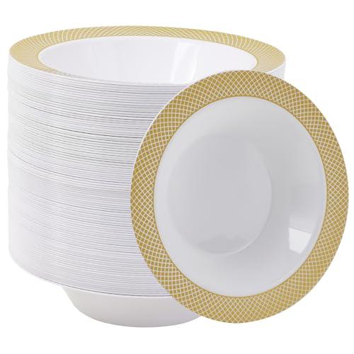 JOLLY CHEF 100 Disposable Plastic Bowls, 12oz Heavy Duty Disposable Dinner Bowls, Dessert Bowls with Gold Rim for Party, Dinners, Catering, Thanksgiving and Everyday Use