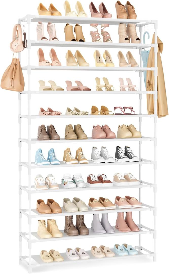 11 Tiers Tall Wide Shoe Rack 55 Pairs Large Capacity Sturdy Durable Shoe Rack for Closet Metal Shoe Organizer Shelf with Two Hooks Space Saving for Entryway White