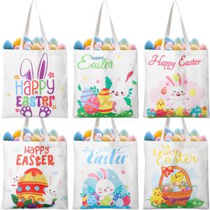 Photect 6 Pcs Easter Tote Bags 13.78 x 13.39 Inch Canvas Bunny Gifts Bags for Spring Happy Easter Party Supplies