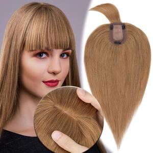 MY-LADY Human Hair Toppers for Women Real Remy Hair 150% Density 7 * 13CM Silk Base with Bangs Clip in Hair Pieces Straight Hairpiece for Thinning Hair 18 Inch #06 Light Brown
