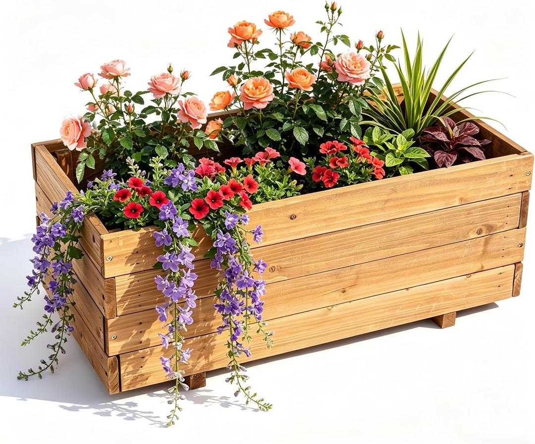 Wooden Planter Box 31.5" x 15.75" x 12.6" Fir Wood Raised Garden Bed for Vegetables, Herbs & Flowers, Includes Fabric Planter Liner, 4 Drainage Holes, Water-Based Finish, W31.5X D15.75X H12.6in