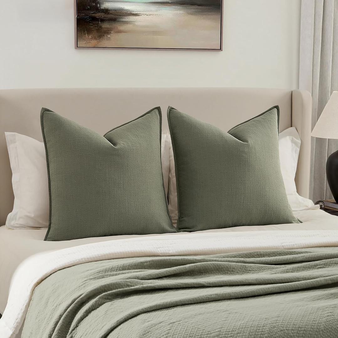 MIULEE Euro Sham Pillow Covers for Bed 26x26, 2 Pack Olive Green Thick & Textured Decorative Throw Pillow Covers, Neutral Linen Cushion Cases, Modern Farmhouse Home Decor, No Filling