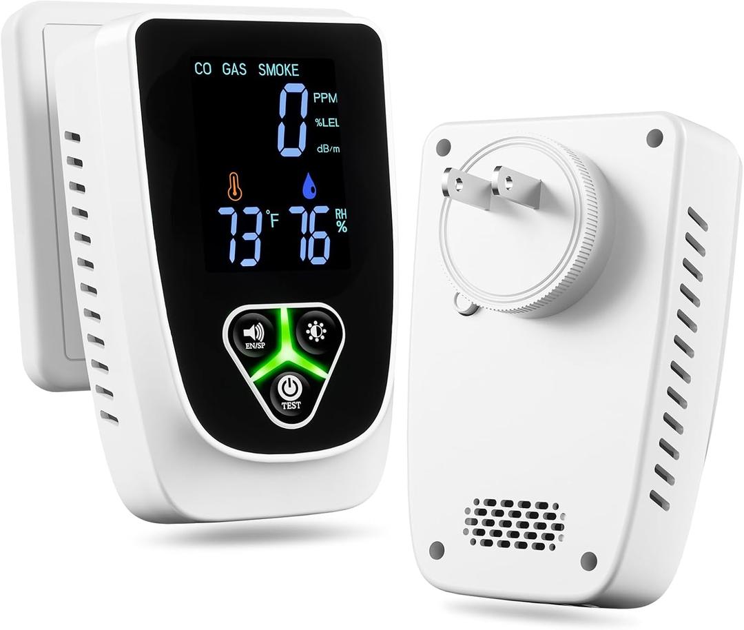 5in1 Carbon Monoxide Detectors Plug in, Smoke Alarm & Natural Gas Leak Detector with Temperature & Humidity Sensor, Portable CO Detector with LCD Display Sound & Light Alert for Home Travel