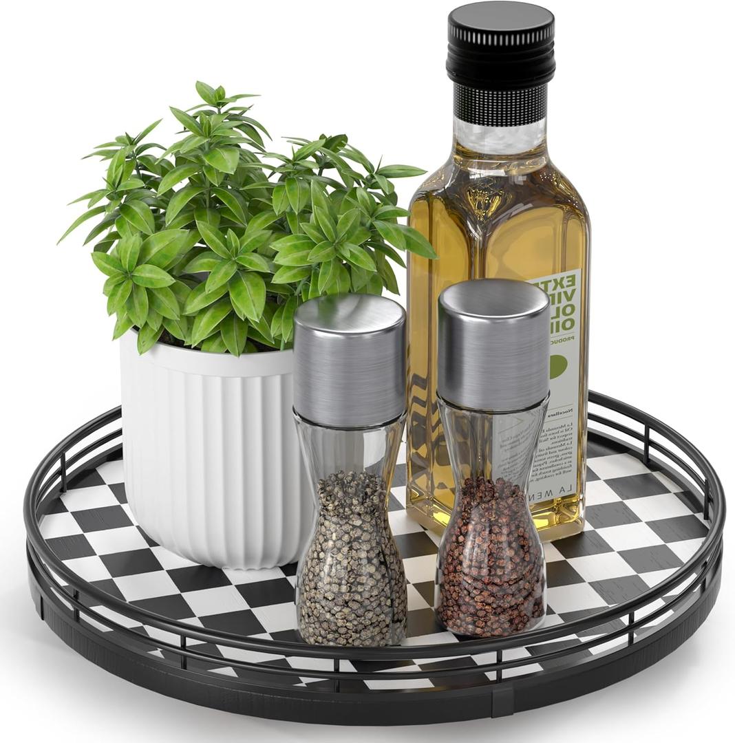 Black and White Kitchen Lazy Susan Turntable  Checkered Round Decorative Tray, 10 Table Top Oak Wood Lazy Susan for Cookies, Dining Table Organizer, Small Kitchen Table Centerpiece