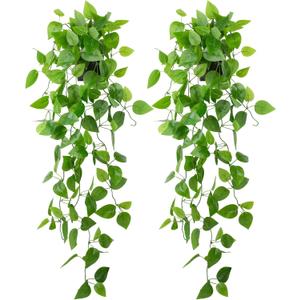 LOYWREE 2 Pack Small Artificial Hanging Plants with Faux Ivy Vine and Hanging Pothos 39Inch Fake Plant Realistic Greenery for Shelf Decor in Home, Office, Indoor & Outdoor Gardens