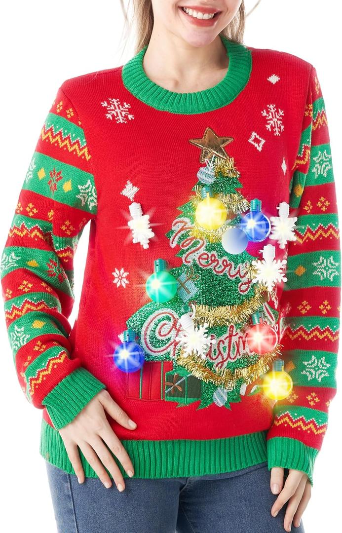 Women Christmas Tree Ugly Sweater with Light Bulbs (Small)