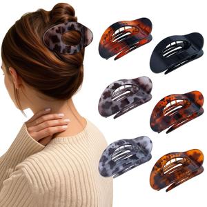 AWAYTR Flat Hair Clips For Women 4.33" Lay Flat Claw Clip for Hair 6Pcs Round Large Hair Claw Clips (Glossy - Leopard Series)