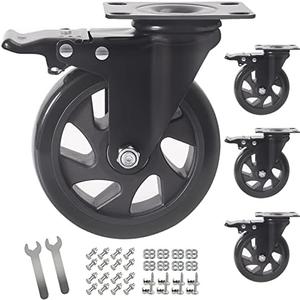 5 Inch Swivel Caster Wheels Set of 4, Heavy Duty Casters with Brake, Polyurethane Locking Casters for Cart, Workbench and Trolley-Load 2200lbs, Black(Two Hardware Kits)