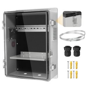 Joinfworld Outdoor Electrical Vented Box Outdoor Waterproof Junction Enclosure 16x11x6 Plastic WiFi Box with Stainless Steel Buckle Dust Screen 12V Fan (Clear)