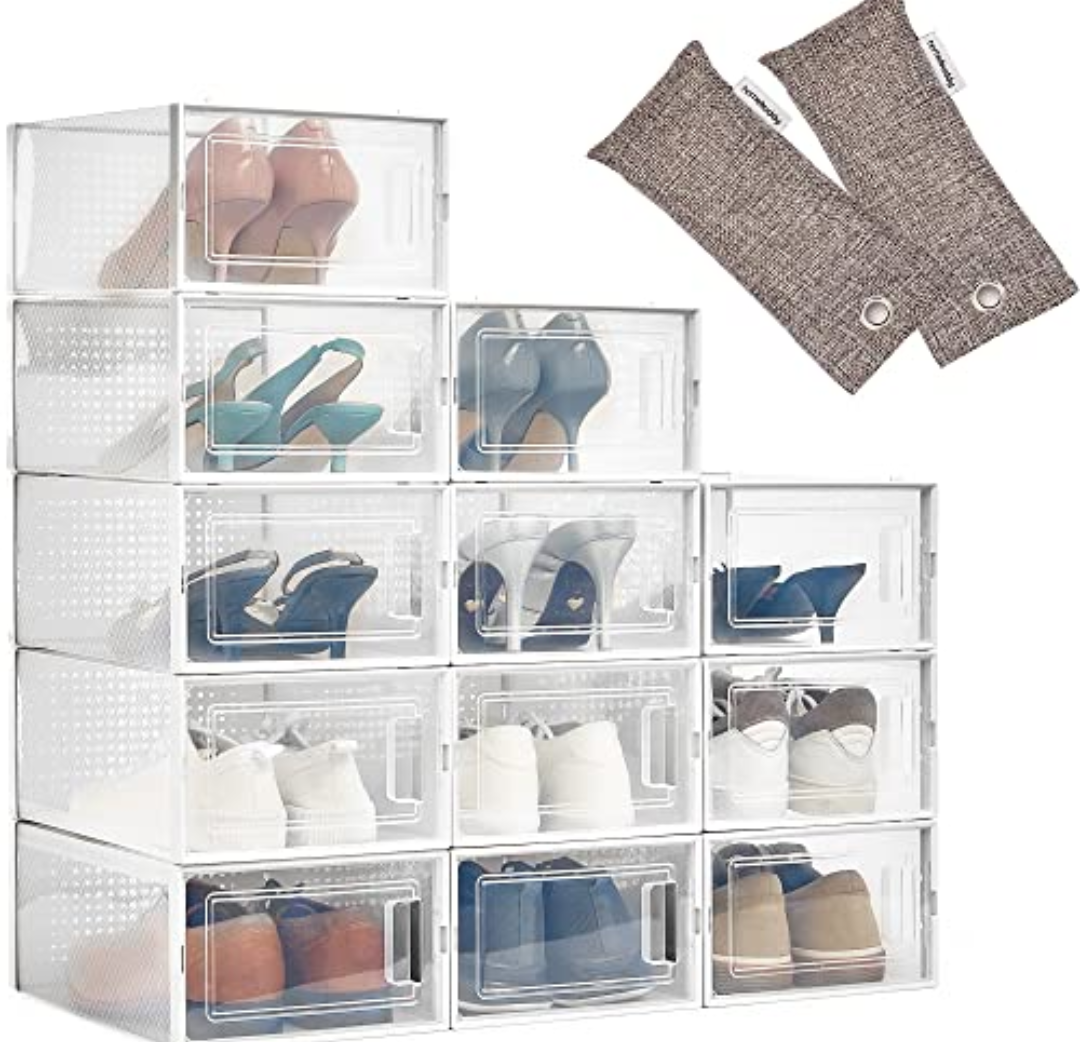 HomeBuddy Shoe Organizer for Closet - 12 Pack Shoe Boxes Clear Plastic Stackable Bins, Clear Shoe Boxes Stackable with Lids, Sneakers Storage Case, Zapateras Organizer for Shoes, Closet Shoe Organizer