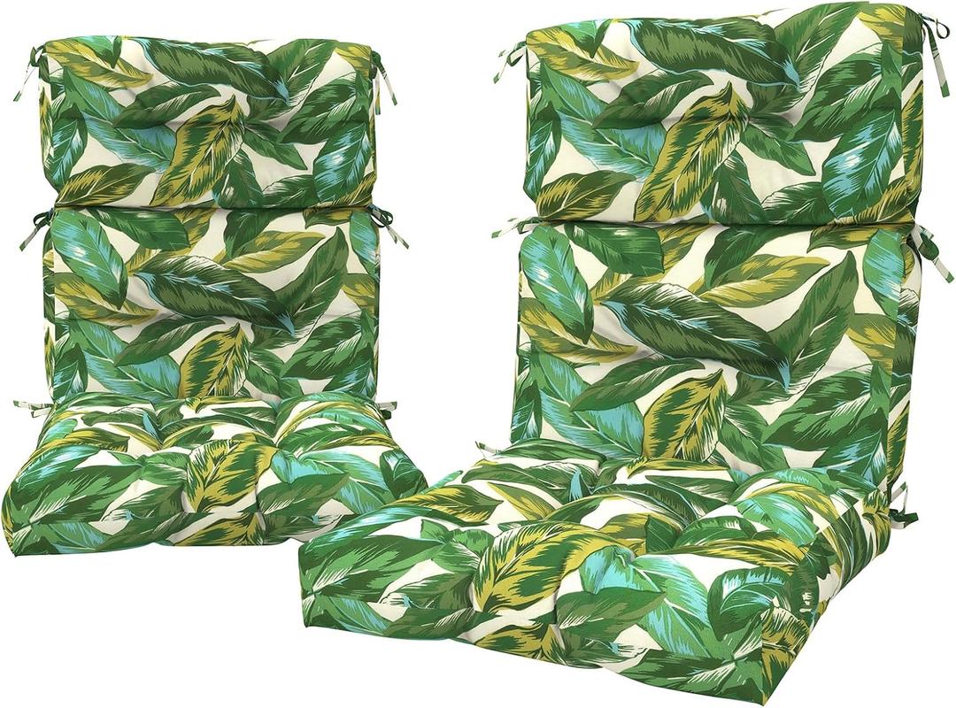 LVTXIII 2 Pack Outdoor High Back Cushions, 22" W x 20" D Tufted Seat and Back Chair Cushion with Ties, Fluffy Patio Replacement Rocking Chair Cushion for Outdoor Furniture Use, Lush Leaf Jungle, 44"x22"x4"