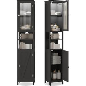 ChooChoo Tall Bathroom Storage Cabinet with Light5-Tier Narrow Bathroom Cabinet with 2 Doors, Slim Storage Linen Cabinet Freestanding with Adjustable Shelves for Space Saving, Black, 11.8"D X 11.8"W X 66.9"H