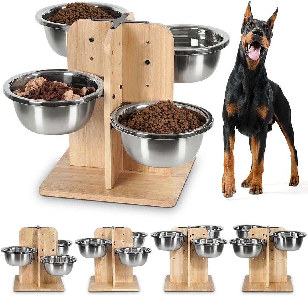 handrong Elevated Dog Bowls,4 Heights Raised Dog Bowl,4 Dogs Bowls Elevated,Wood Dogs Food Bowl,4 Sided Pet Feeding Station for Small,Medium Large Sized Pet-47.3oz