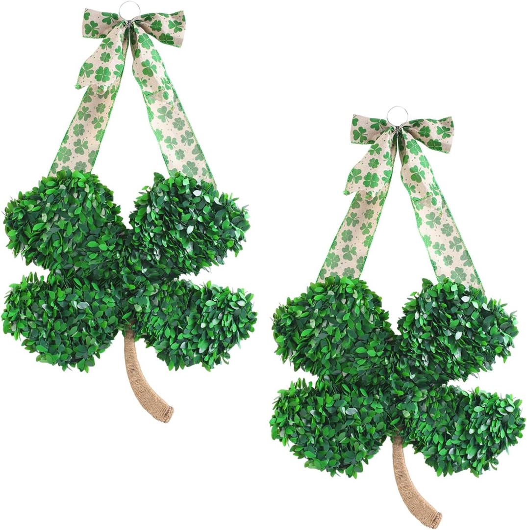 2PCS St. Patrick's Day Shamrock Wreath,St. Patricks Day Decorations,Irish Lucky Green Shamrock Spring Hanging Decor for Front Door,Walls Mantel, Outdoor,Indoor