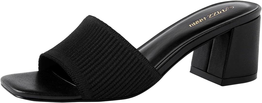 PIZZ ANNU Women's Square Open Toe Heels Sandals Low Block Chunky Heeled Sandal Slip on Mules Comfortable Casual Dress Pumps Shoes, Size 7