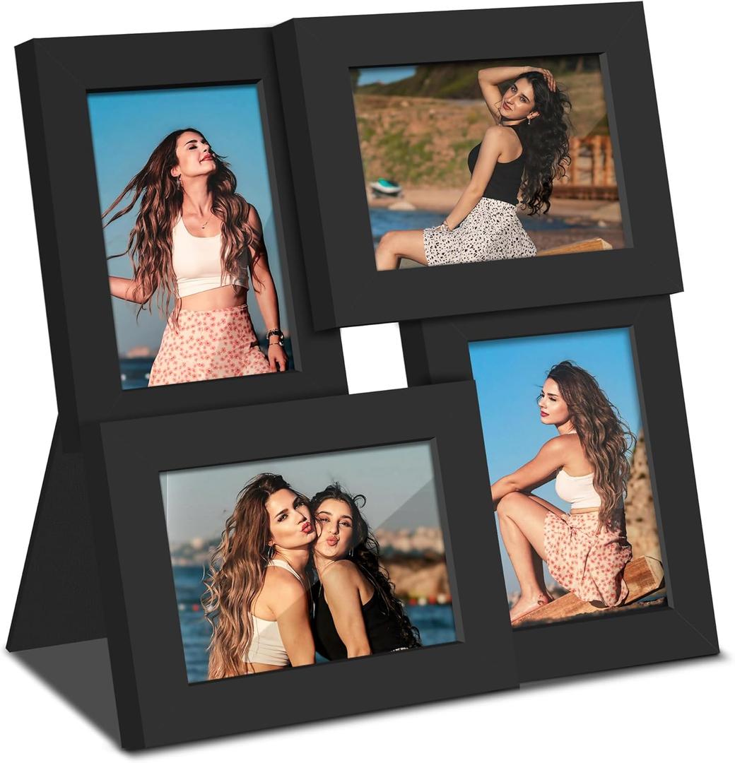 3.5x5 Picture Frame Tempered Glass Front Displays Four 3.5 x 5 Photos Frame Display for Tabletop and Wall Hanging Picture Frame Black