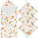 Zainpe 4Pcs Muslin Baby Hooded Towel & Washcloth Set, Flowers Soft Absorbent Cotton Bath Hand Towels Infant Shower Gifts for Newborn Toddler Boys Girls Feeding Teething Sleeping 31.5 X 31.5 in (Orange)