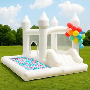 White Bounce House with Blower Included, 9x9x7FT Inflatable Bounce House Castle with Ball Pit and Slide,Small Jumper Bouncy Castle, Fun for Kids Birthday Party