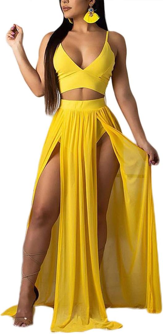 Women Sexy 2 Piece Outfits Dress Chiffon Strap Deep V Neck Bra Crop Top High Split Maxi Dresses Skirt Set (Large, Yellow)