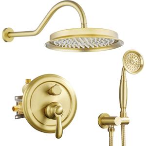 Antique Shower Faucet-Set Complete: Wall Mount 9 inch Rain Head and Handheld Spray Combo, 2 Way Diverter Brass Valve with Trim Kit, Brushed Gold