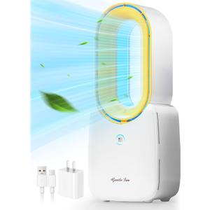 let'me Desk Fan Portable 11.8 inch Bladeless Fan with 5 Colors LED Light, Touch Control, Quiet Table Fan Small Fan for Home, Office Desks, Desktops, Bedroom (white+yellow)