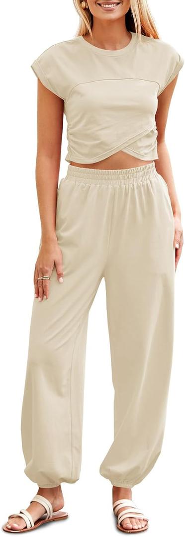 Fisoew Women's Two Piece Outfits Casual Lounge Sets Crop Tops and Joggers Tracksuit with Pockets (Beige, L)