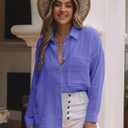 siliteelon Womens Button Down Shirts Cotton Long Sleeve Oversized Boyfriend Blouses Collared Dress Tops with Pockets (Blue, M)