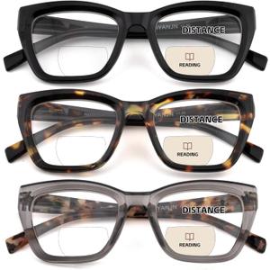 HIYANJN Bifocal Reading Glasses For Women Men 3 Pack Fashion Cat Eye Computer Readers Clear Top Oversized Eyeglasses
